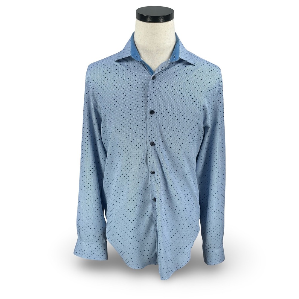 WRK Mens Blue Geometric Hexagon Polka Dot 4-Way Stretch Dress Shirt Size 16
